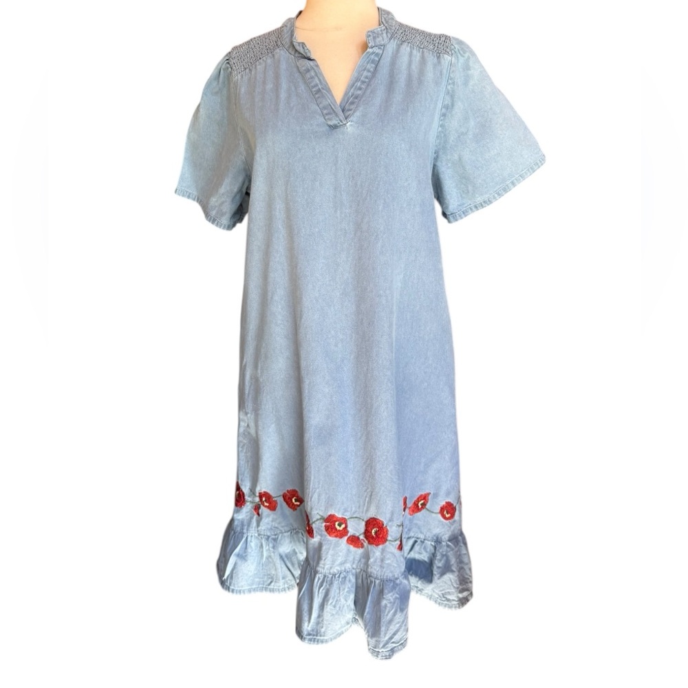 1990s National 100% Cotton Floral Embroidered Smocked Denim Dress‎